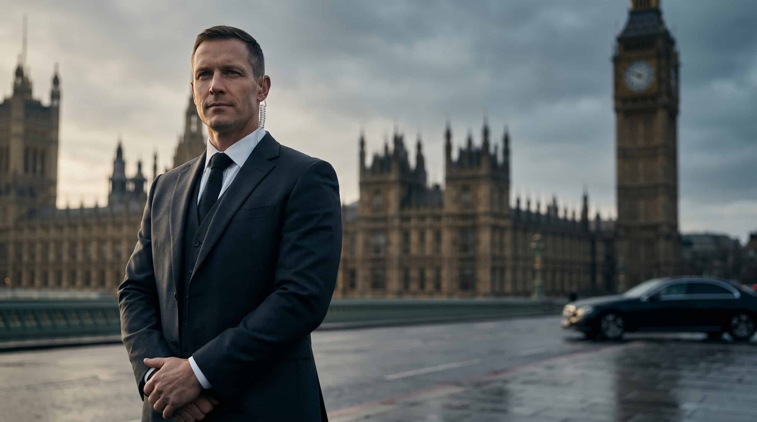 Close protection operative in a charcoal suit and earpiece standing on Westminster Bridge, with the Palace of Westminster and Elizabeth Tower behind him.