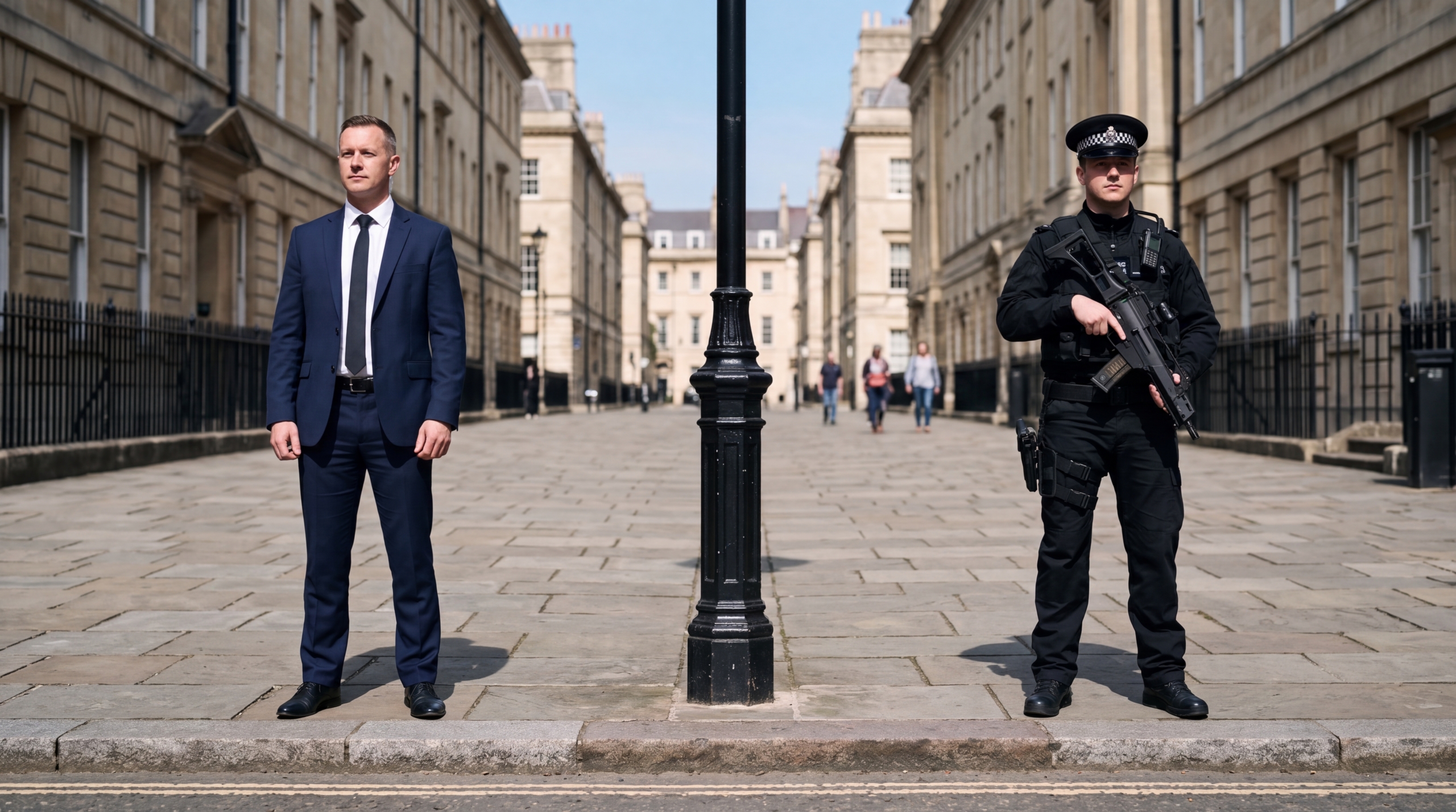 Professional bodyguard and armed police officer on Westminster street.